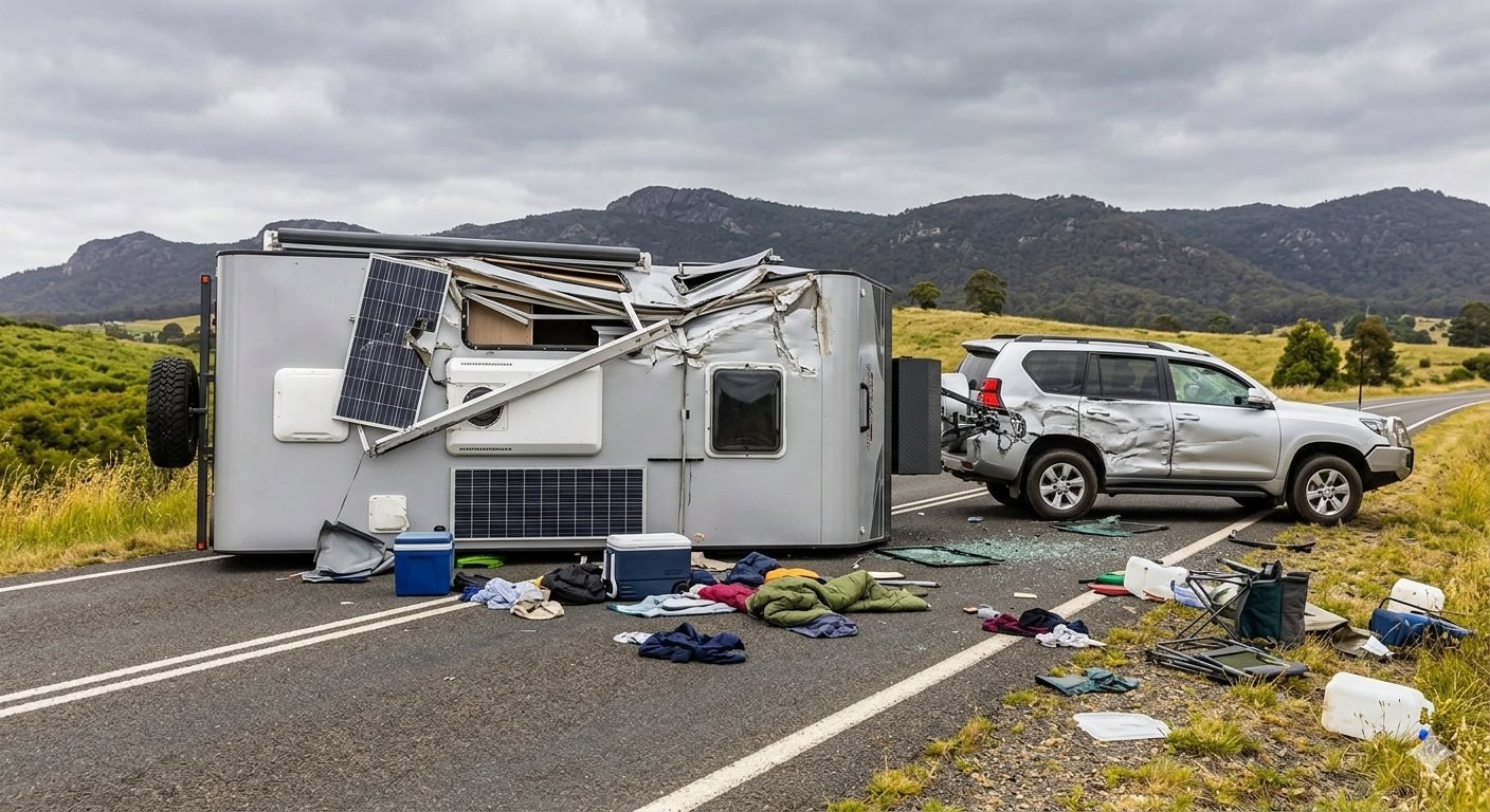 Caravan lying on its side on a rural highway after a rollover, with camping gear scattered across the road