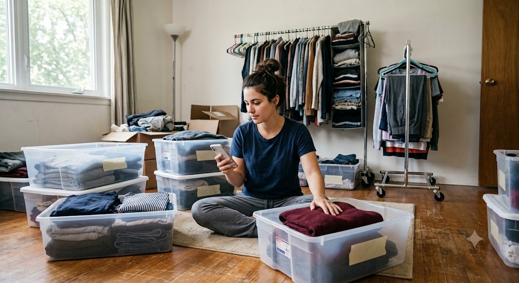 Fashion reseller sorting through storage tubs of clothing stock