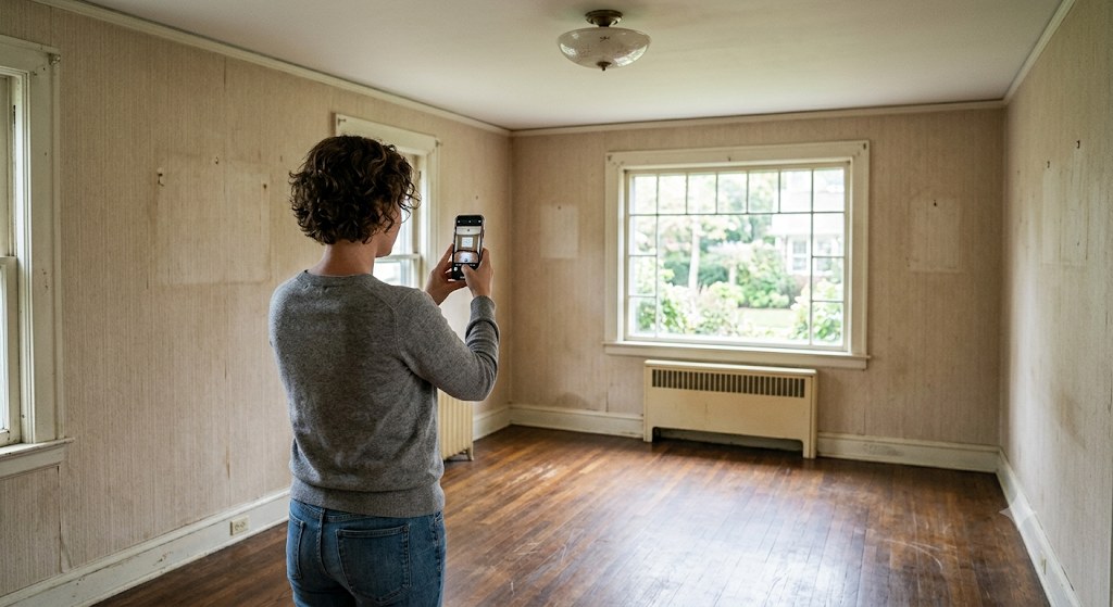Homeowner photographing a room before renovation work begins