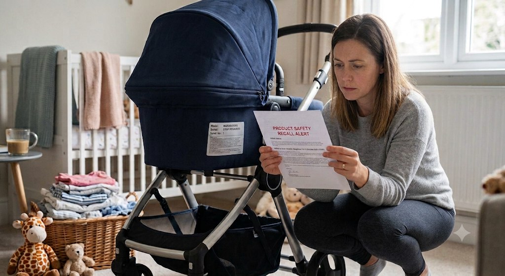 Tired new parent checking a car seat or pram against a safety recall notice