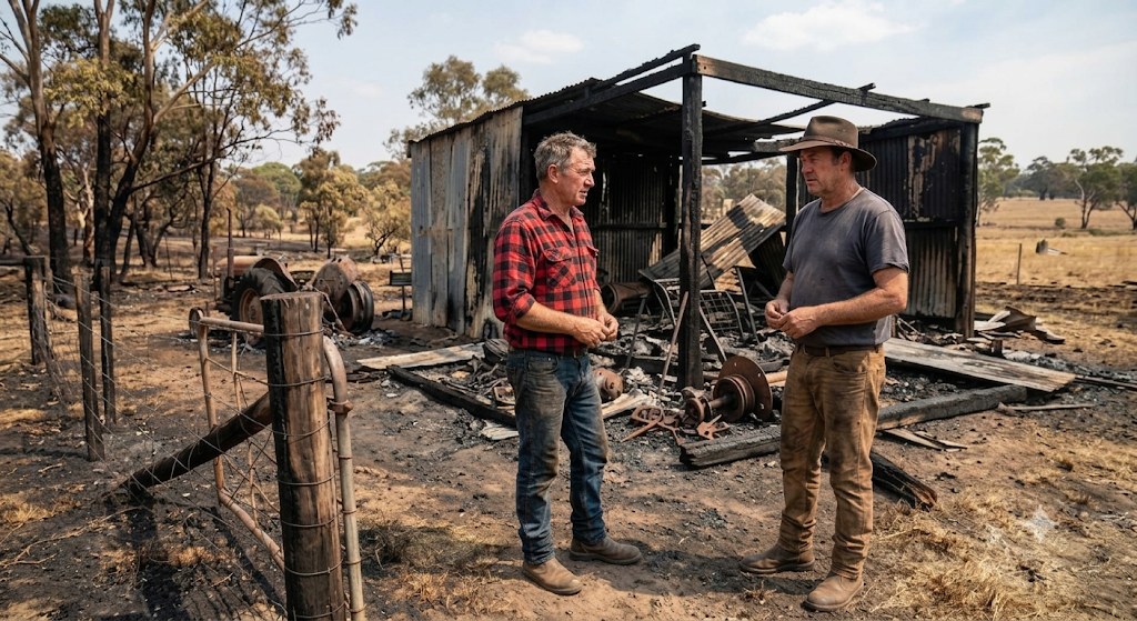 Rural property owner surveying damaged sheds and structures after a bushfire or flood