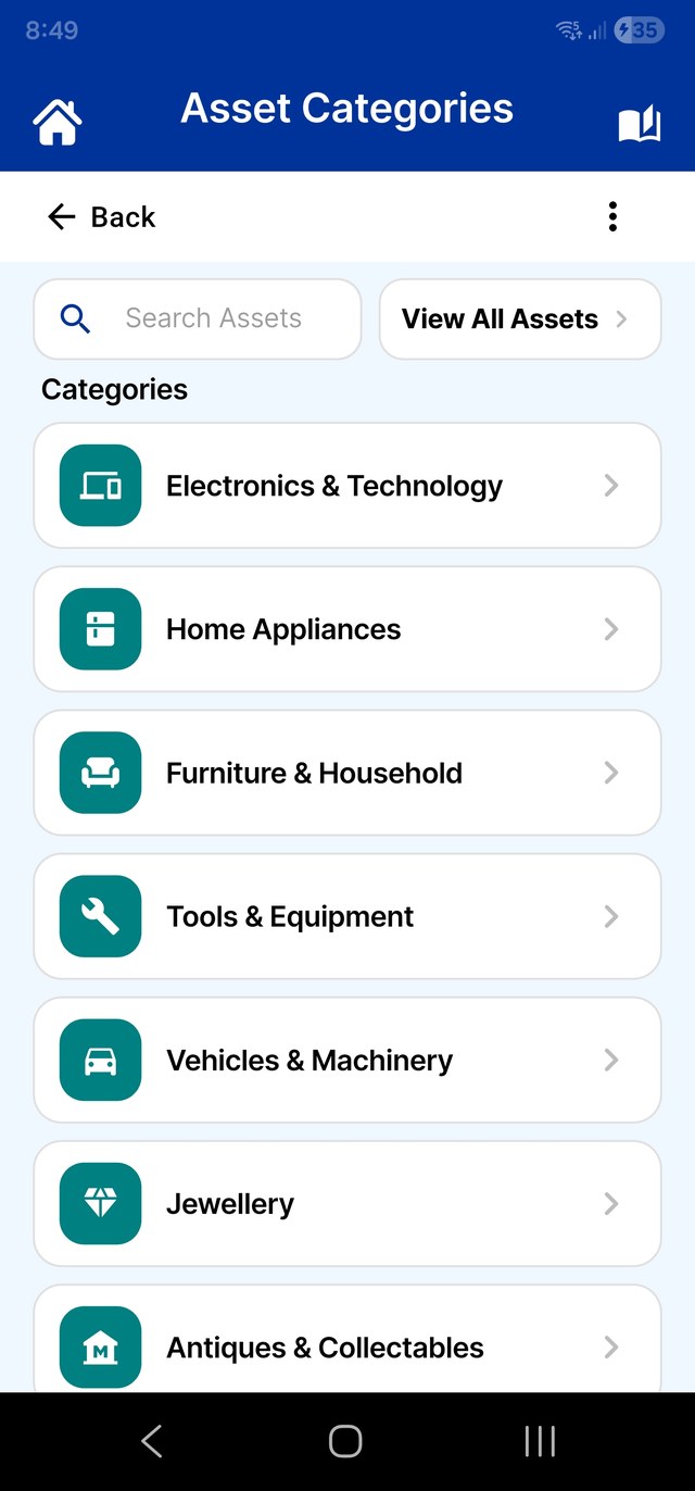 My Asset Mate category list showing pre-loaded categories such as Electronics, Home Appliances and Jewellery