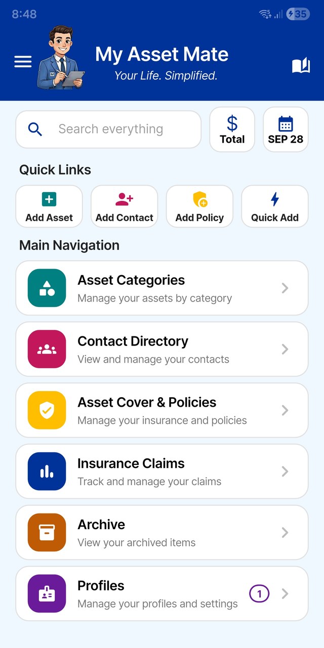 My Asset Mate home screen with Quick Links and main navigation